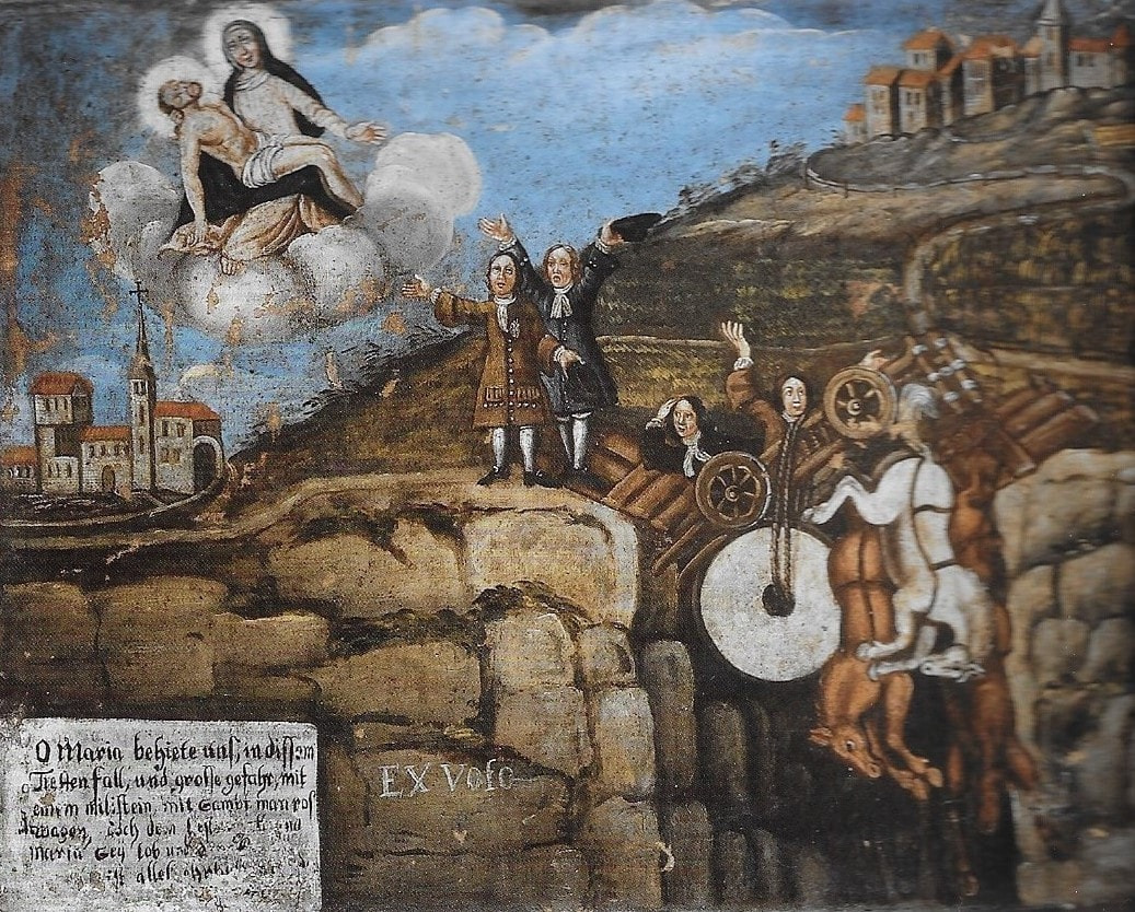 Sturz mit Pferde Votivtafel Exvoto Einsiedelei Longeborgne Dankbild Wallfahrtsort Wallis